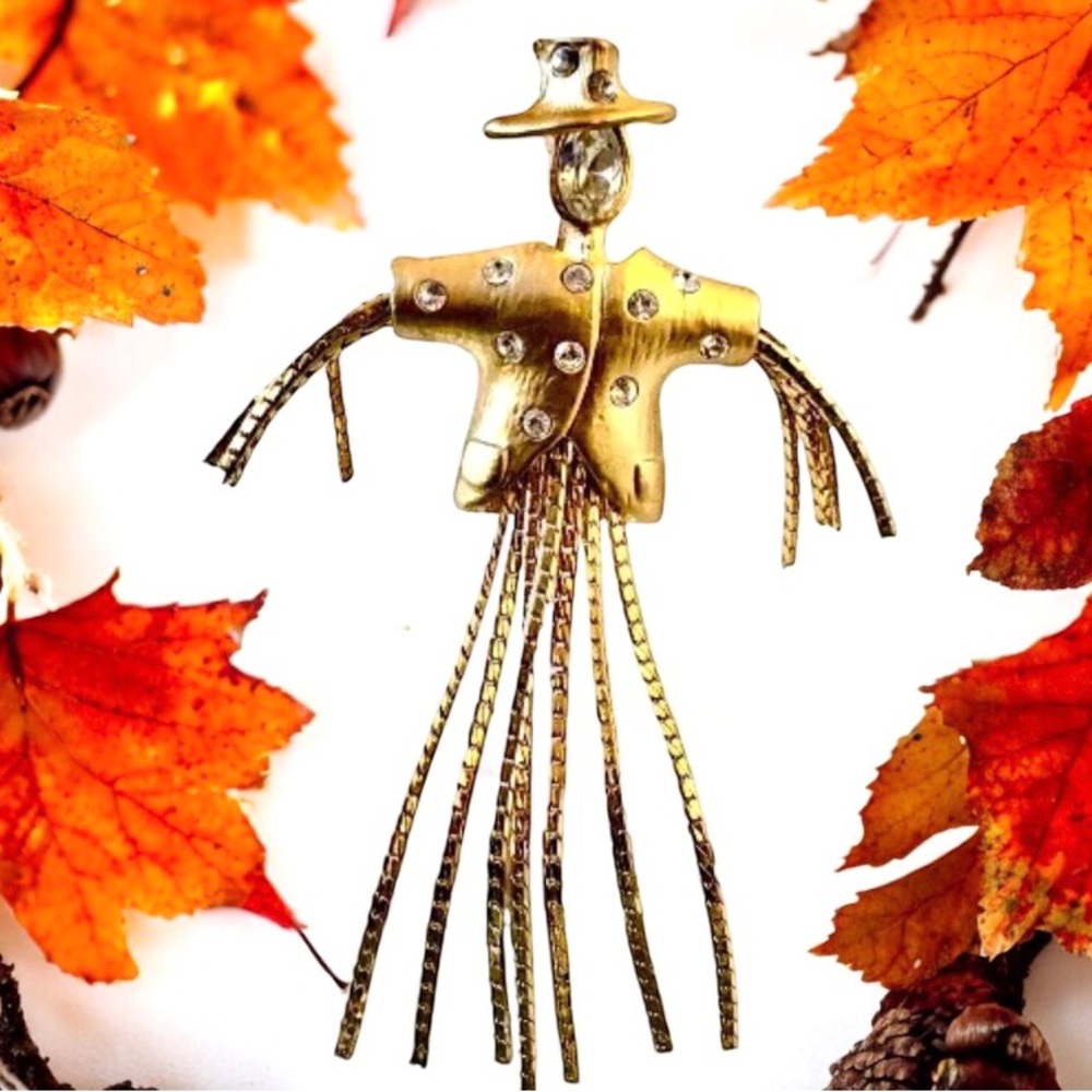 Scarecrow Brooch Rhinestones Dangling Chain Legs & Arms Halloween Gardening